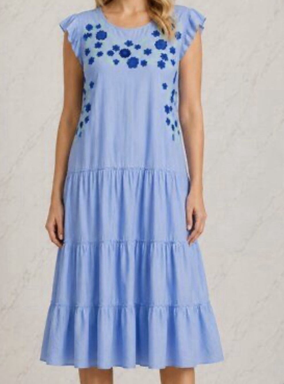 Gaby & Gracie Blue Floral Embroidered Midi Tiered Ruffle Dress Boho Large